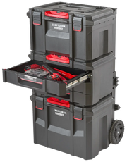 Photo of Craftsman rolling tool box stack with drawer, black and red, SKU CMST21405, shown at angle, white background.