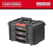 Photo of Craftsman CMST21405 black plastic tool box with three drawers, red accents, top handle, front angle, white background.