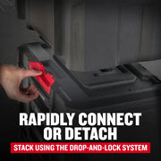 Craftsman CMST21405 graphics showing drop-and-lock system on black stackable tool storage, angled view.