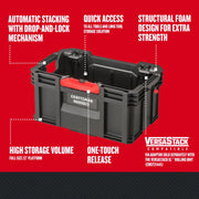 Photo of Craftsman VersaStack XL storage box CMST21409, black with red latch, front angle on white background.