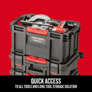 Craftsman graphics CMST21409 front angle photo of black and red tool storage boxes stacked.