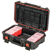 Photo of Craftsman CMST21415 black plastic organizer box with red latches and eight red compartments, open, front angle.