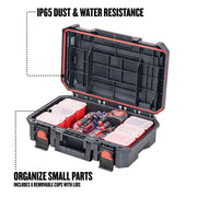 Photo of Craftsman toolbox CMST21415 open, showing six removable cups with lids, tools inside, IP65 dust and water resistance.