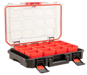 CRAFTSMAN CMST21417 organizer case with clear lid, red compartments, black base, front angle photo.