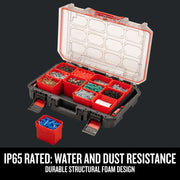 Photo of Craftsman organizer CMST21417 on white background, open to show red compartments filled with hardware and fasteners.