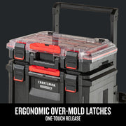 Photo of Craftsman rolling tool box with clear lid and red ergonomic over-mold latches, CMST21417, front angle.