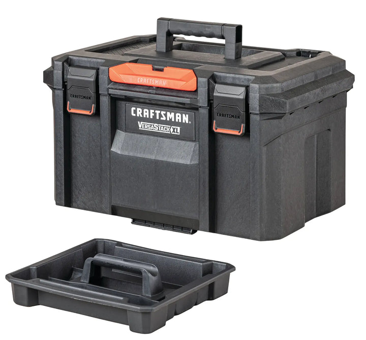 Photo of CRAFTSMAN VersaStack XL tool box, SKU CMST21430, black with red accents, removable tray, angled on white background.