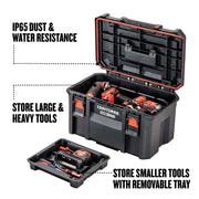 Photo of Craftsman TradesStack black tool box CMST21430 with open lid, showing removable tray for small tools and main compartment with large power tools, white background.