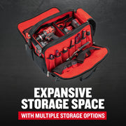 CRAFTSMAN CMST21450 black and red tool bag with assorted tools shown from above.