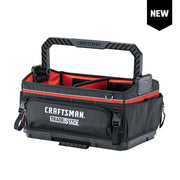 Photo of Craftsman open-top tool tote with black and red design, large handle, and TRADESTACK branding, CMST21451, front angle.