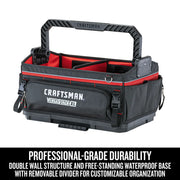 Photo of Craftsman tool tote with black and red design, large handle, multiple pockets and divider, CMST21451, front angle.