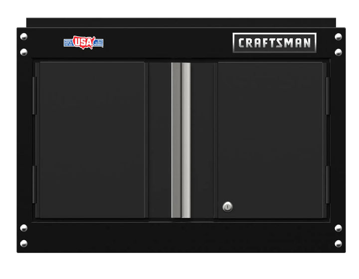 Front view photo of Craftsman CMST21802BK black wall cabinet with two metal doors, silver handles, and locking feature.
