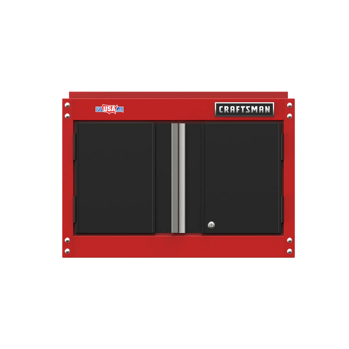Front view photo of Craftsman CMST21802RB red and black wall cabinet with dual doors and silver handle, on white background.