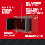 Photo of Craftsman wall cabinet CMST21802RB, red, open door, keyed locking, 5,245 cubic inch capacity, side angle.