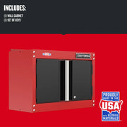 Photo of Craftsman wall cabinet CMST21802RB with black doors, red frame, left angle view.