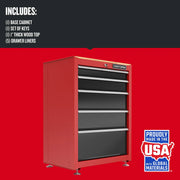 Photo of Craftsman red base cabinet CMST22602RB with five drawers, angled left, on red background.