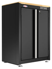 CRAFTSMAN black metal storage cabinet with wood top, lockable doors, SKU CMST22603BK, front angle photo.