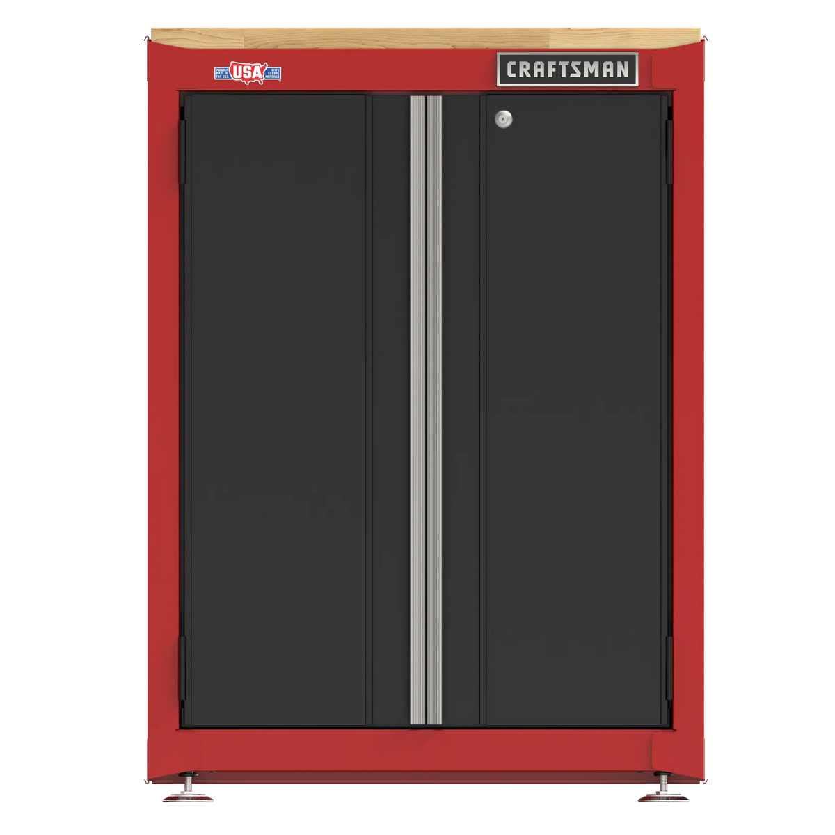 Front view photo of Craftsman cabinet CMST22603RB, red frame, black doors, silver handles, wood top.
