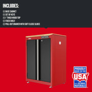 Craftsman red base cabinet CMST22603RB with black doors and wood top, front angle, graphics background.