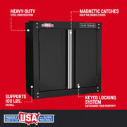 Front angle photo of Craftsman wall cabinet CMST22800BK, black steel, double doors, keyed lock, magnetic catches.