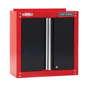 Front angle photo of CRAFTSMAN CMST22800RB wall cabinet with red steel frame, black double doors, and metal handles.
