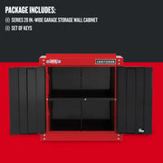 Image showing an open Craftsman wall cabinet for garage storage, model Series 28-inch wide, in red and black. The package includes the storage cabinet and a set of keys as listed in the top text.
