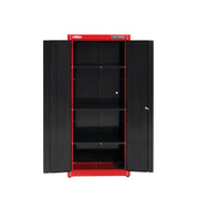 Front angle photo of Craftsman CMST23201RB black and red steel storage cabinet with open doors and shelves.