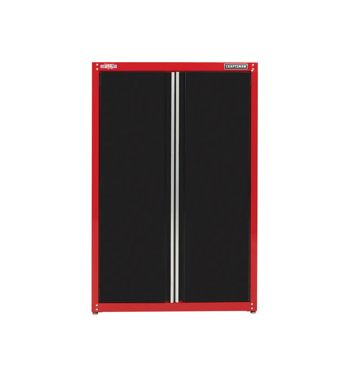 Front view photo of CRAFTSMAN tall storage cabinet, SKU CMST24800RB, red frame with black double doors.