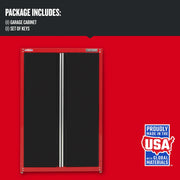 Craftsman CMST24800RB garage cabinet with black doors, red frame, front angle, USA materials badge visible.
