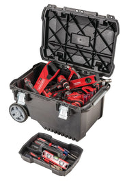 CRAFTSMAN CMST24800 black rolling toolbox with open lid, filled with assorted red hand tools, tray displayed in front.