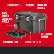 Craftsman rolling toolbox CMST24800 with rubber wheels, extendable handle, removable tray, metal rail inserts.