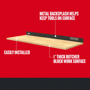Photo of Craftsman CMST25302BK butcher block work surface with metal backsplash and Craftsman logo, angled on white.