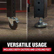 CRAFTSMAN CMST27202BK workbench legs with caster and leveling foot, shown close-up on floor.