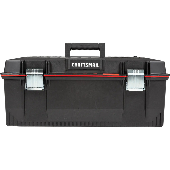 Front view photo of Craftsman black plastic toolbox with metal latches and handle, CMST28001.