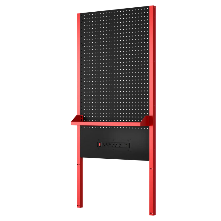 A CRAFTSMAN branded black and red pegboard unit featuring a perforated panel for tool storage, a built-in shelf, and an integrated power strip at the bottom. The unit is designed for workspace or garage organization.