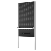 CRAFTSMAN CMST32600WB workstation pegboard with a black metal panel, white support frame, integrated power strip, and small shelf for storage.