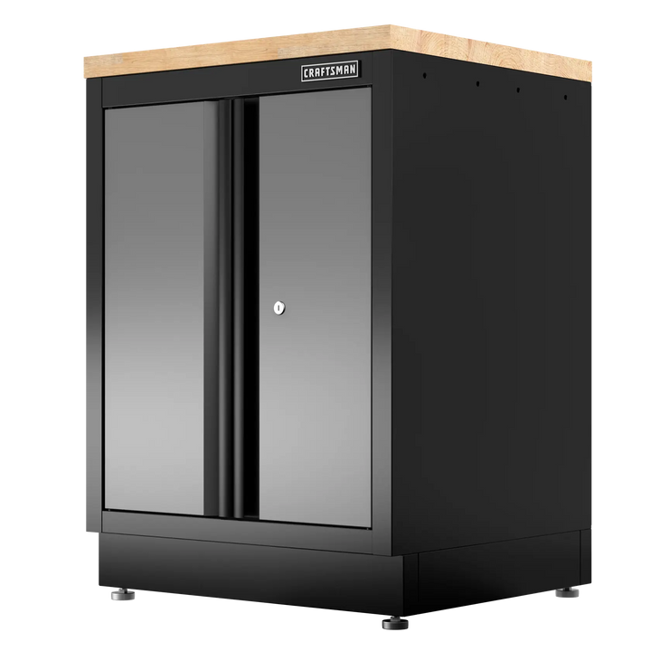 Black metal cabinet with wood top and locking doors, CRAFTSMAN brand, for garage or workshop storage.
