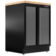 Black metal cabinet with wood top and two locking doors, suitable for storage or workshop organization.