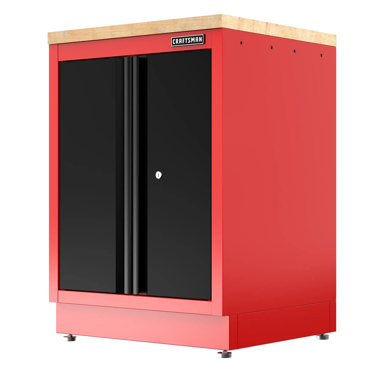 Red CRAFTSMAN metal storage cabinet with black double doors and wood top, suitable for workshops or garages.