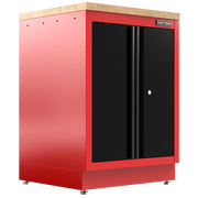 Red and black metal storage cabinet with wood top and double doors, suitable for garage or workshop use.
