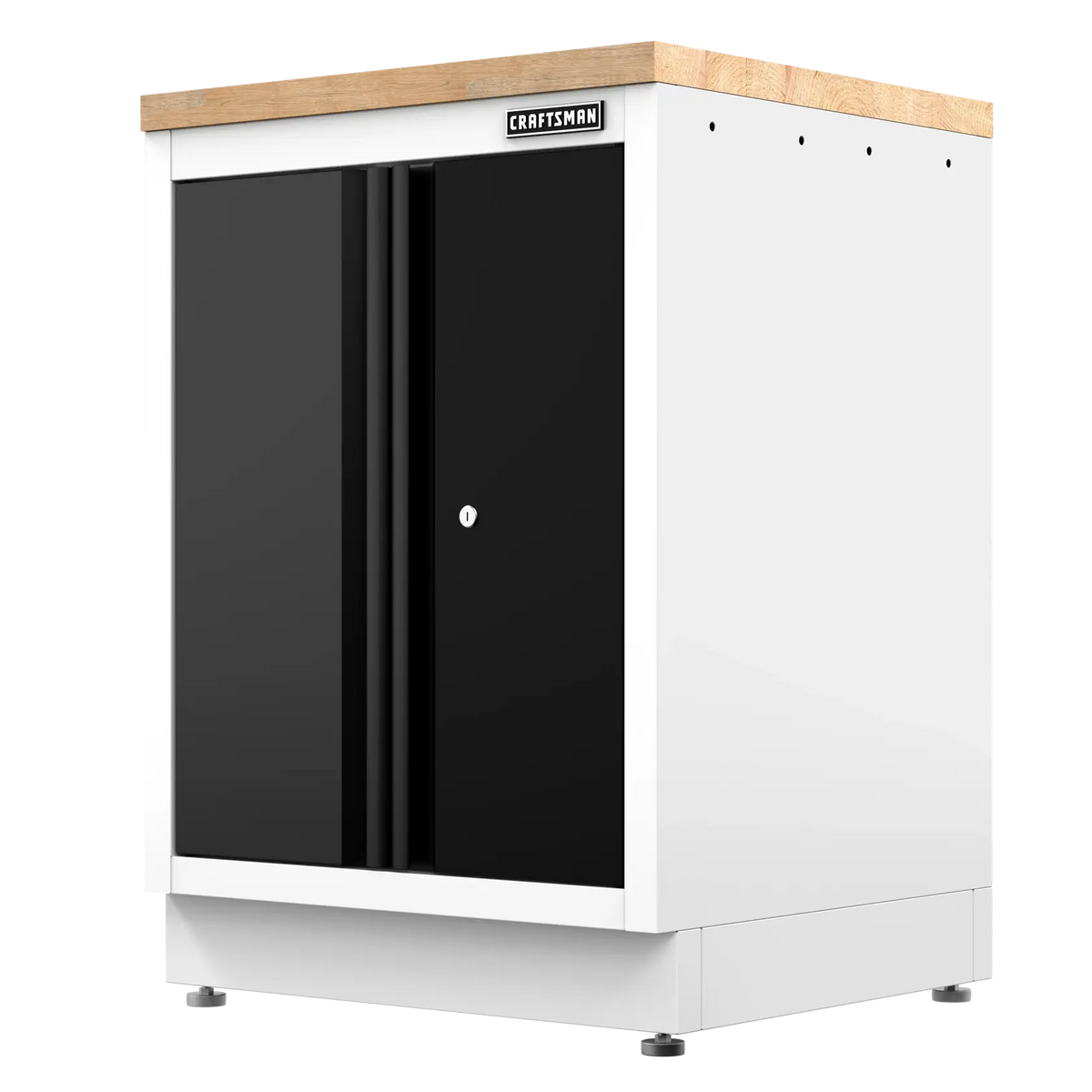 White and black storage cabinet with wooden top and lockable double doors, CRAFTSMAN brand.