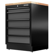 Black metal tool chest with five drawers and wood top, labeled CRAFTSMAN. Ideal for workshop storage.