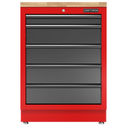 Red Craftsman tool chest with four drawers and wood top, used for organizing tools in workshops or garages.