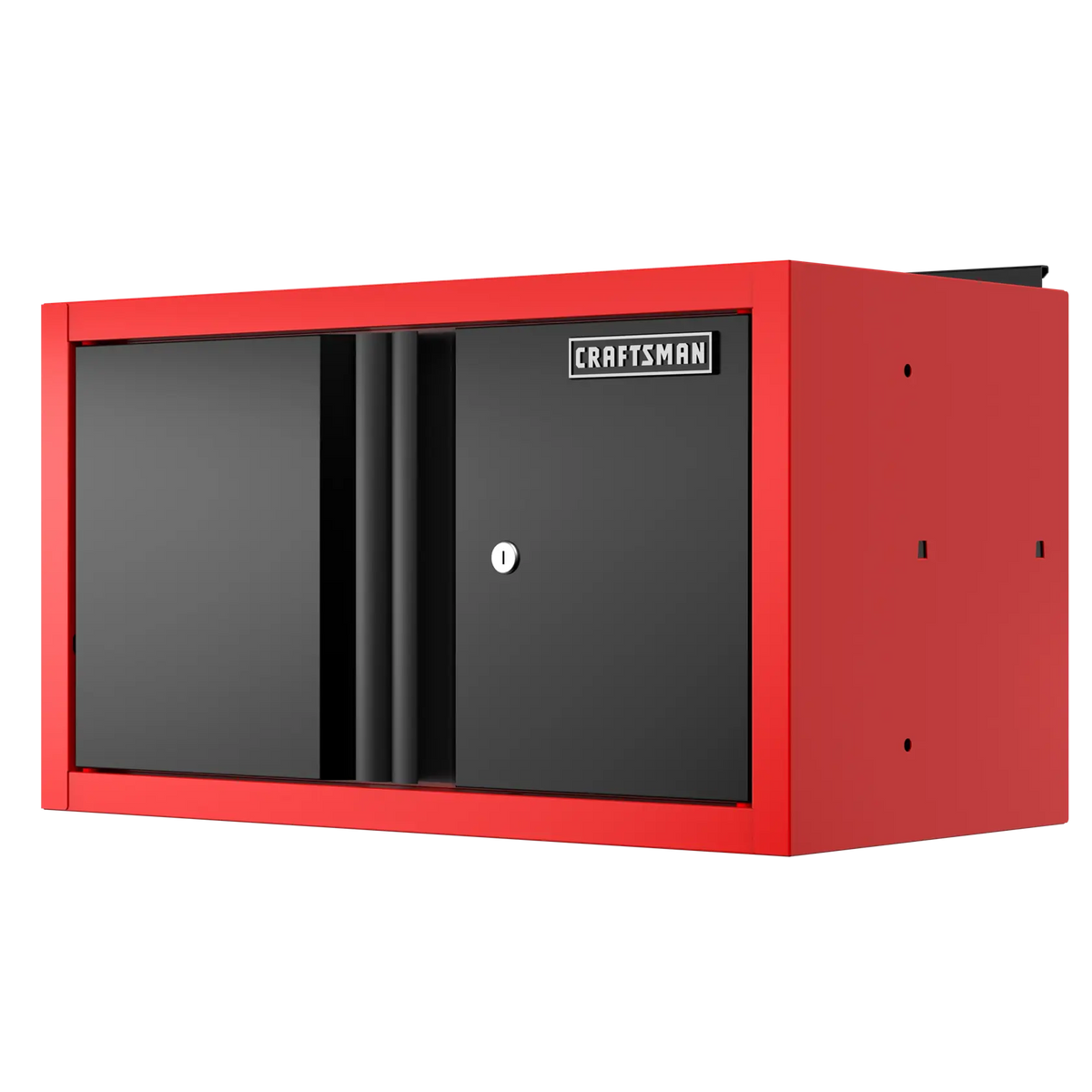 Red and black Craftsman wall-mounted storage cabinet with two doors, shown from an angled front view.