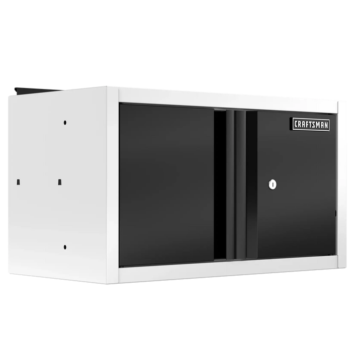 CRAFTSMAN wall-mounted storage cabinet with a white frame and black lockable sliding doors, suitable for organizing tools or equipment.