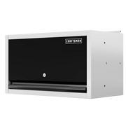 A CRAFTSMAN branded wall mounted cabinet with a black front door and white frame, featuring a lock in the center and a handle at the bottom.
