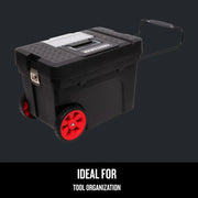 Craftsman rolling tool box CMST33026 with black body, red wheels, telescopic handle, angled view, white background.