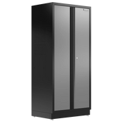 A tall black metal storage cabinet with two gray doors and a lock, branded with CRAFTSMAN, standing on adjustable feet.