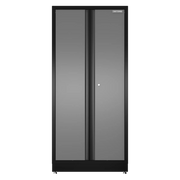 A tall, black metal storage cabinet with two doors and a central locking mechanism. The cabinet appears sturdy and has a Craftsman logo at the top right.