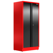 A tall, freestanding storage cabinet with red sides and black double doors. The cabinet has a metal construction and is branded with the CRAFTSMAN logo on the top right corner of the front.